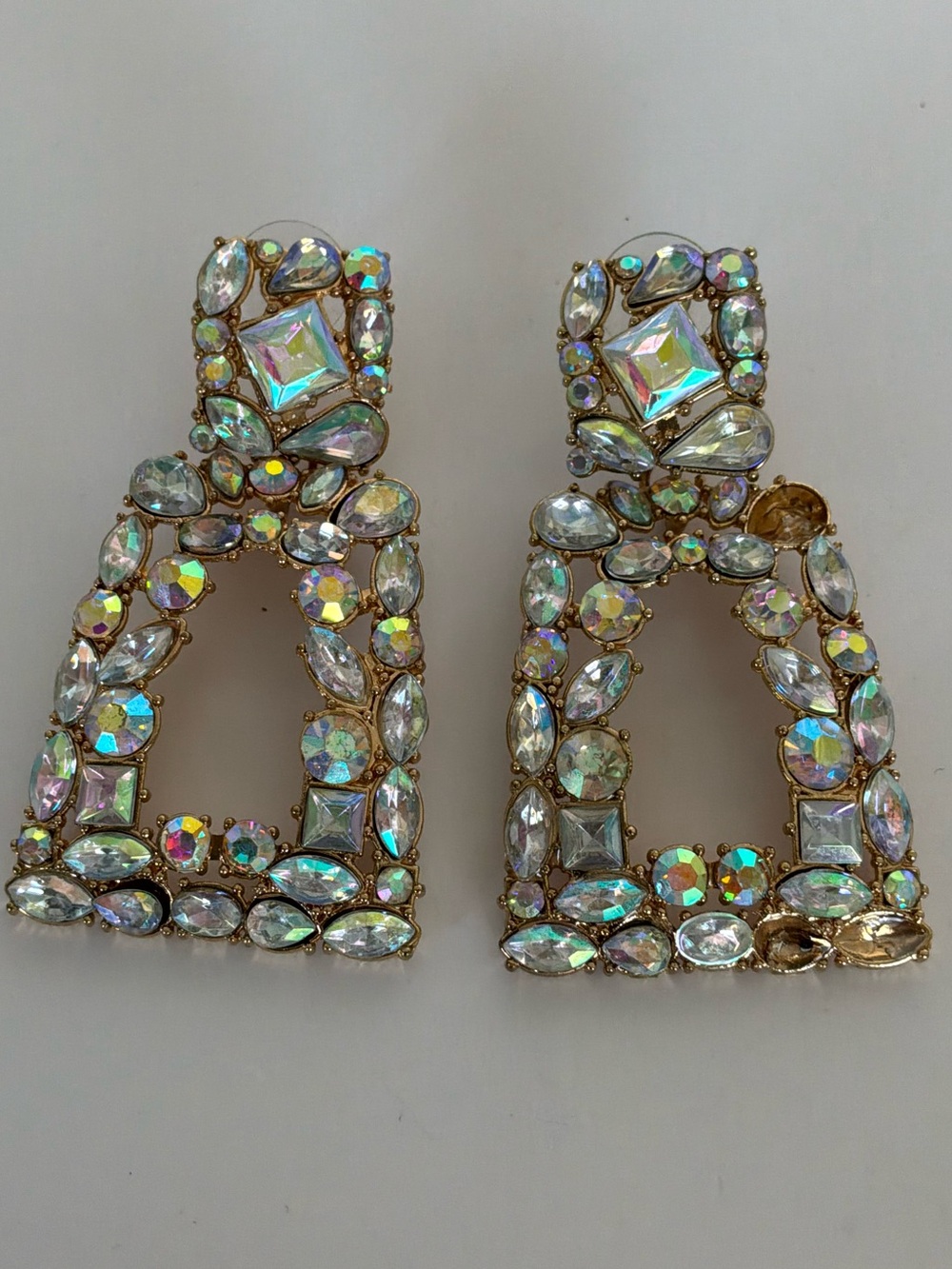 Rhinestone Statement Drop Earrings Gold Tone Pierced